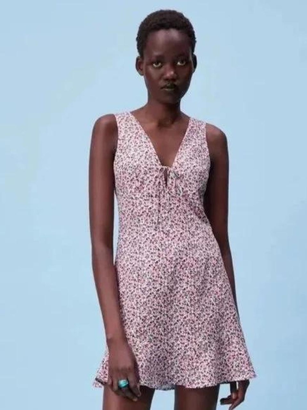 Zara Linen-Blend Pink Floral Tie-Front V-Neck Mini Dress